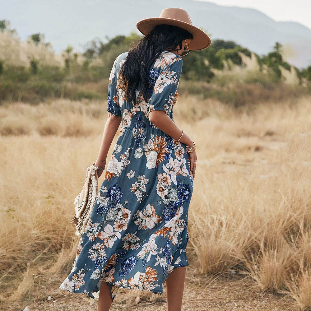 Floral Summer Beach Dress With V Neck Elastic Waist Dresses For Women - Dash Racegear