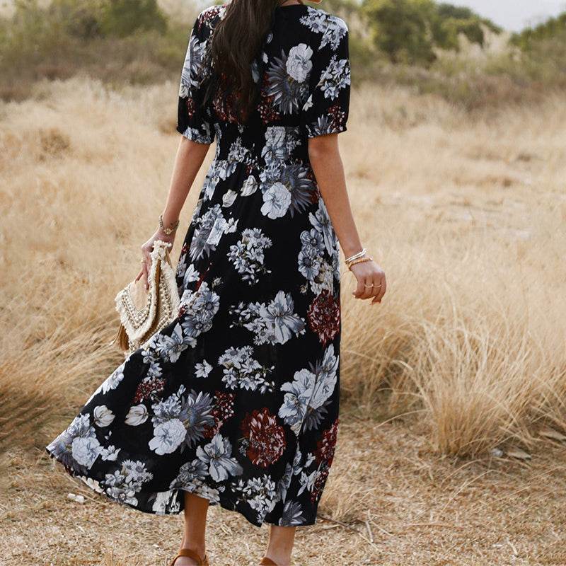 Floral Summer Beach Dress With V Neck Elastic Waist Dresses For Women - Dash Racegear