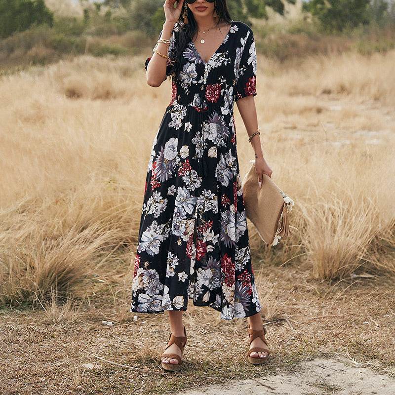 Floral Summer Beach Dress With V Neck Elastic Waist Dresses For Women - Dash Racegear