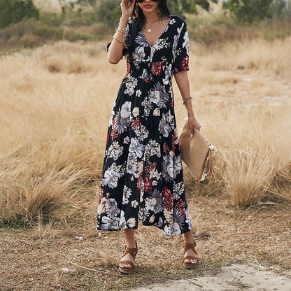 Floral Summer Beach Dress With V Neck Elastic Waist Dresses For Women - Dash Racegear